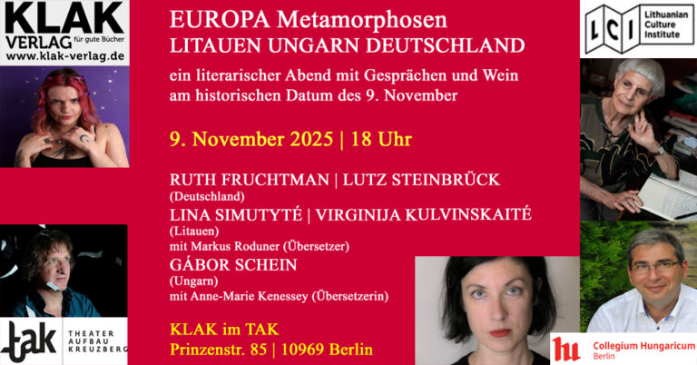 Mehr über den Artikel erfahren 9. November 2025 | EUROPA Metamorphosen | KLAK im TAK | Literatur und Wein