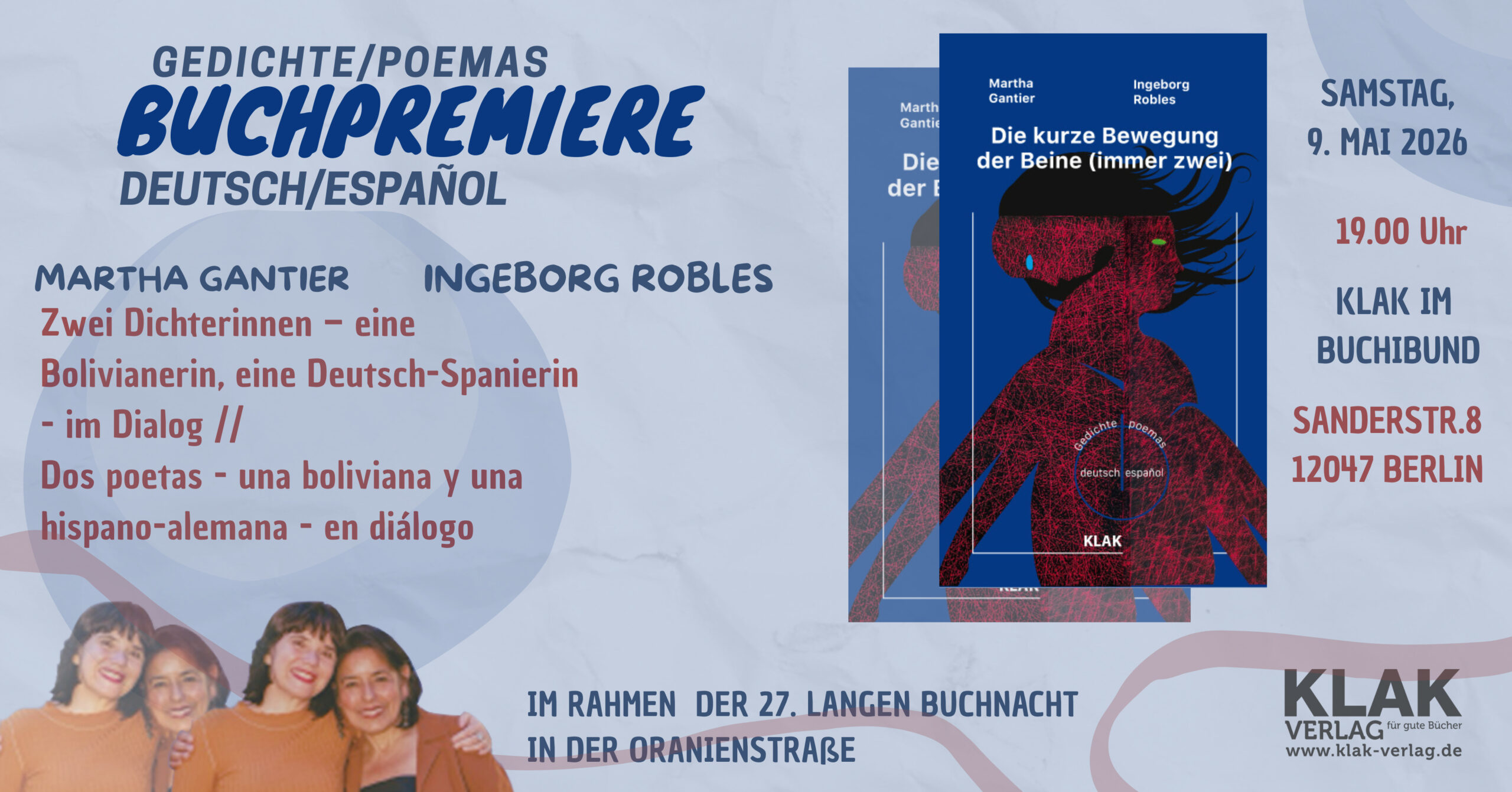 Du betrachtest gerade 9. Mai 2026 KLAK im Buch|bund: Buchpremiere von Ingeborg Robles und Martha Gantier / zweisprachig