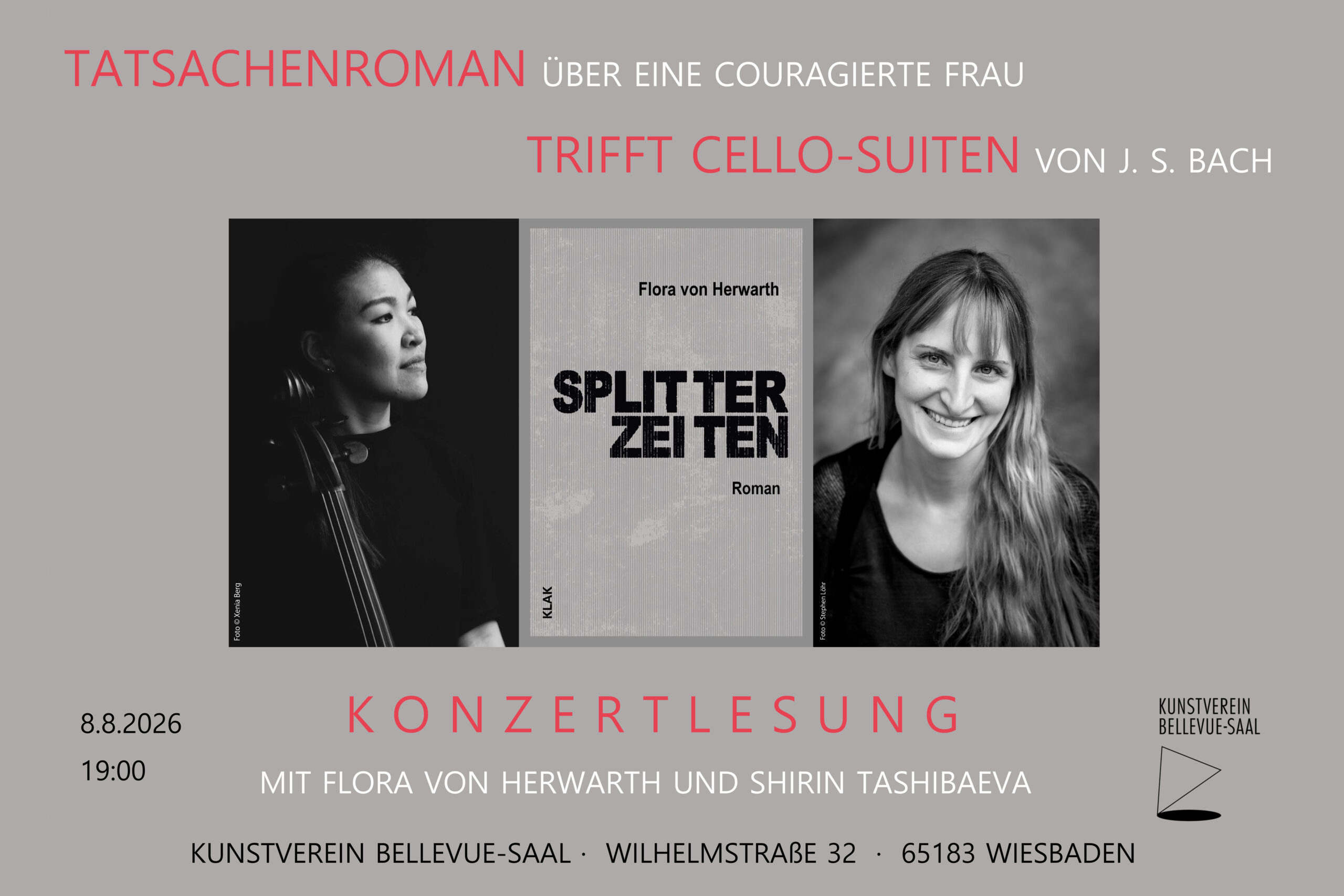 Du betrachtest gerade Kunstverein Wiesbaden am 8. August 2026: Konzertlesung zum Roman „Splitterzeiten“ mit Flora von Herwarth und Shirin Tashibaeva